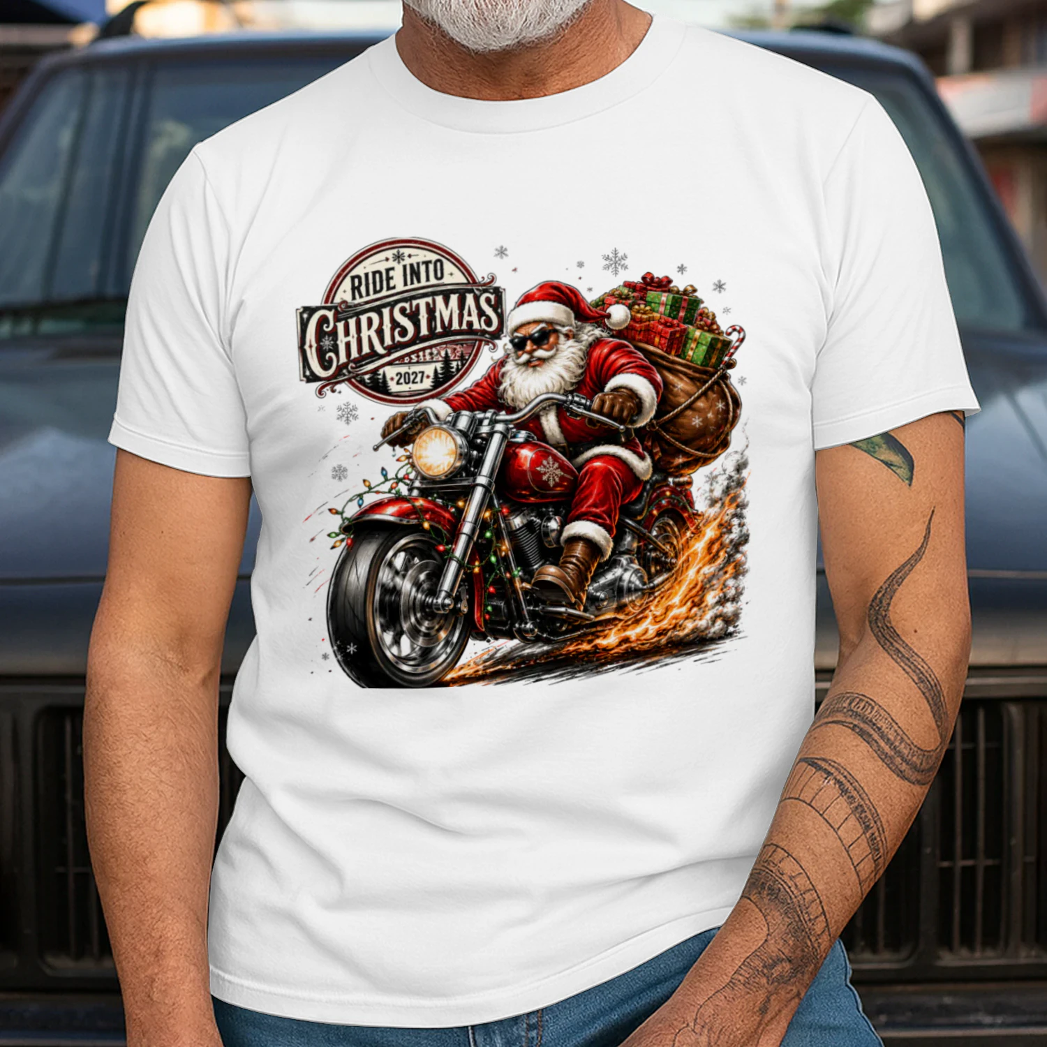 Ride Into Christmas Santa Biker Motorcycle Christmas T-Shirt