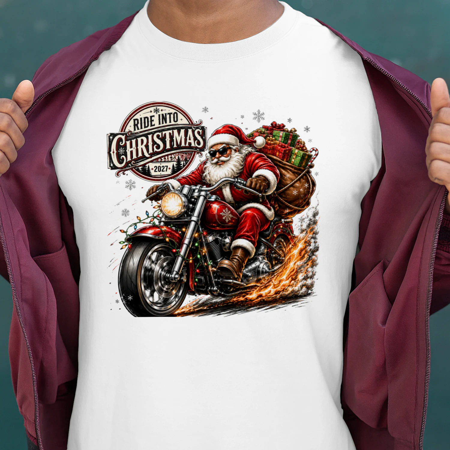 Ride Into Christmas Santa Biker Motorcycle Christmas T-Shirt