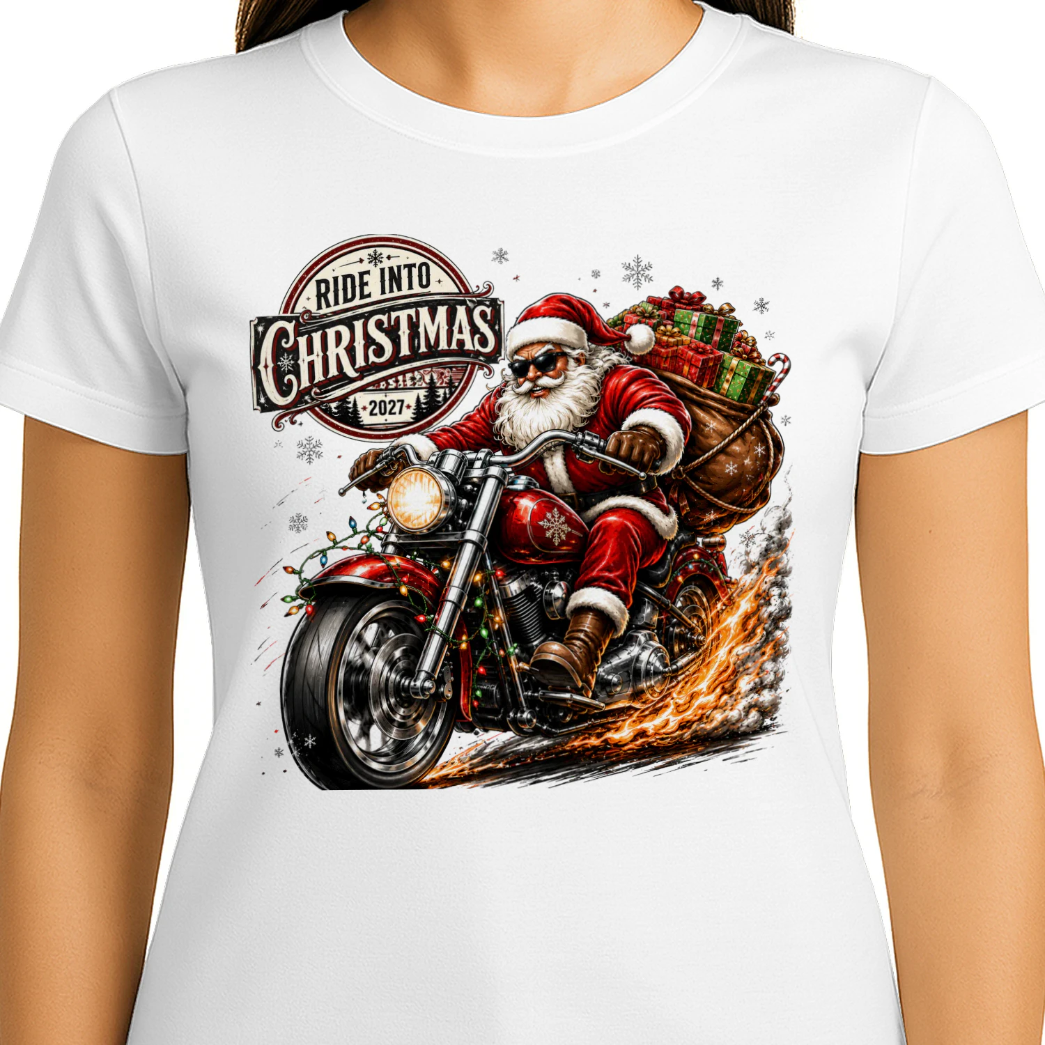Ride Into Christmas Santa Biker Motorcycle Christmas T-Shirt