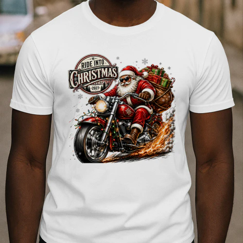 Ride Into Christmas Santa Biker Motorcycle Christmas T-Shirt