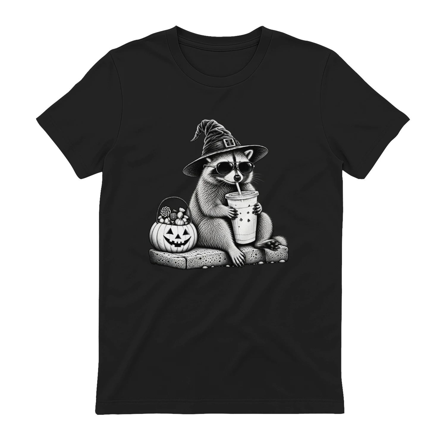 Halloween Funny Raccoon Witch T-Shirt – Spooky Pumpkin & Coffee Lover Design