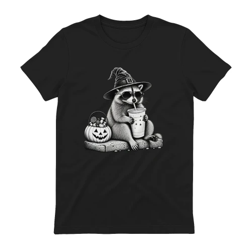Halloween Funny Raccoon Witch T-Shirt – Spooky Pumpkin & Coffee Lover Design