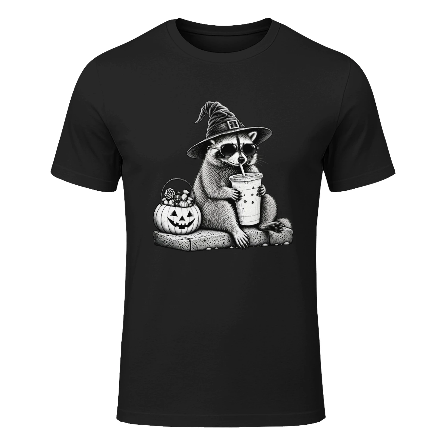 Halloween Funny Raccoon Witch T-Shirt – Spooky Pumpkin & Coffee Lover Design