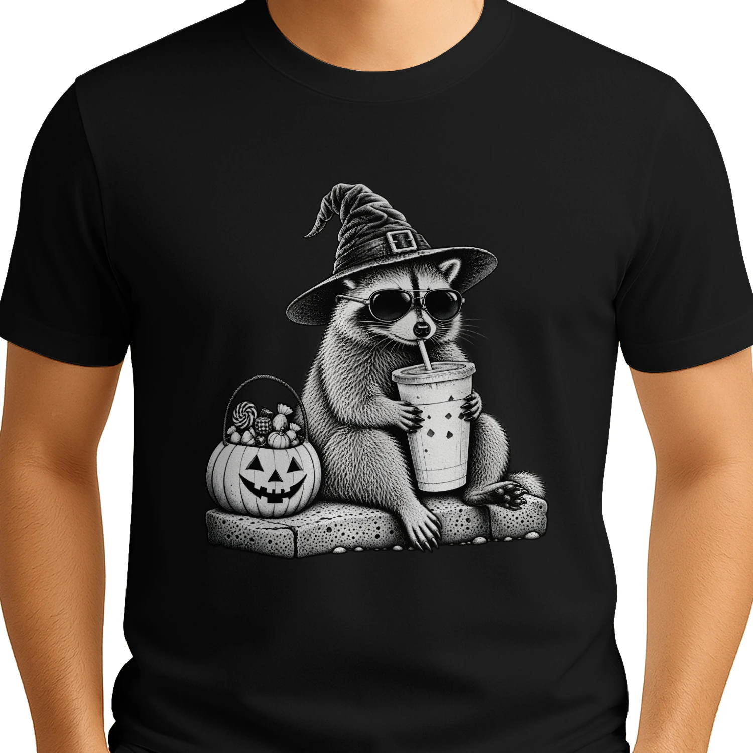 Halloween Funny Raccoon Witch T-Shirt – Spooky Pumpkin & Coffee Lover Design