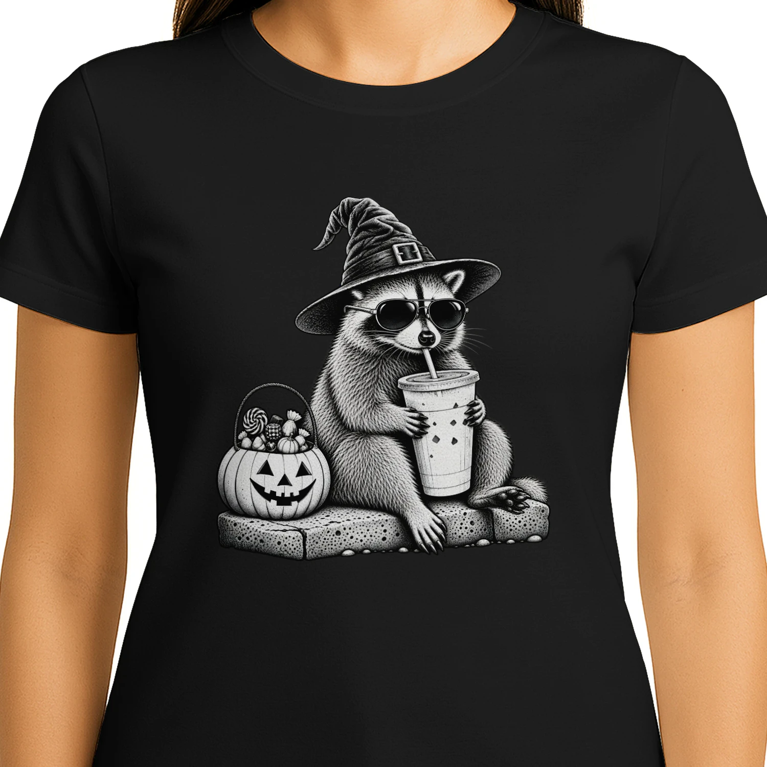 Halloween Funny Raccoon Witch T-Shirt – Spooky Pumpkin & Coffee Lover Design