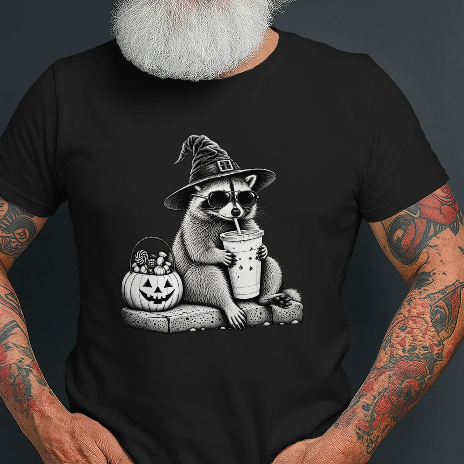 Halloween Funny Raccoon Witch T-Shirt – Spooky Pumpkin & Coffee Lover Design