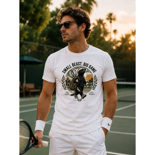 Small Beast. Big Game. | Vintage Honey Badger Tennis Graphic T-Shirt | Retro Tennis Player Tee | Unisex Sports Shirt | Gift for Tennis Lovers