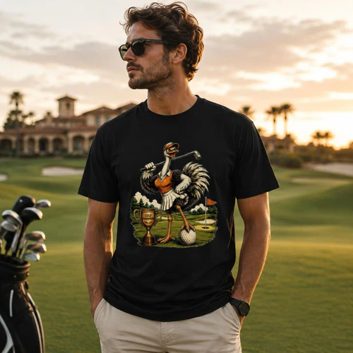 Vintage Ostrich Golf Champion T-Shirt | Funny Golf Bird Illustration | Retro Golfer Animal Graphic Tee | Golf Lover Gift