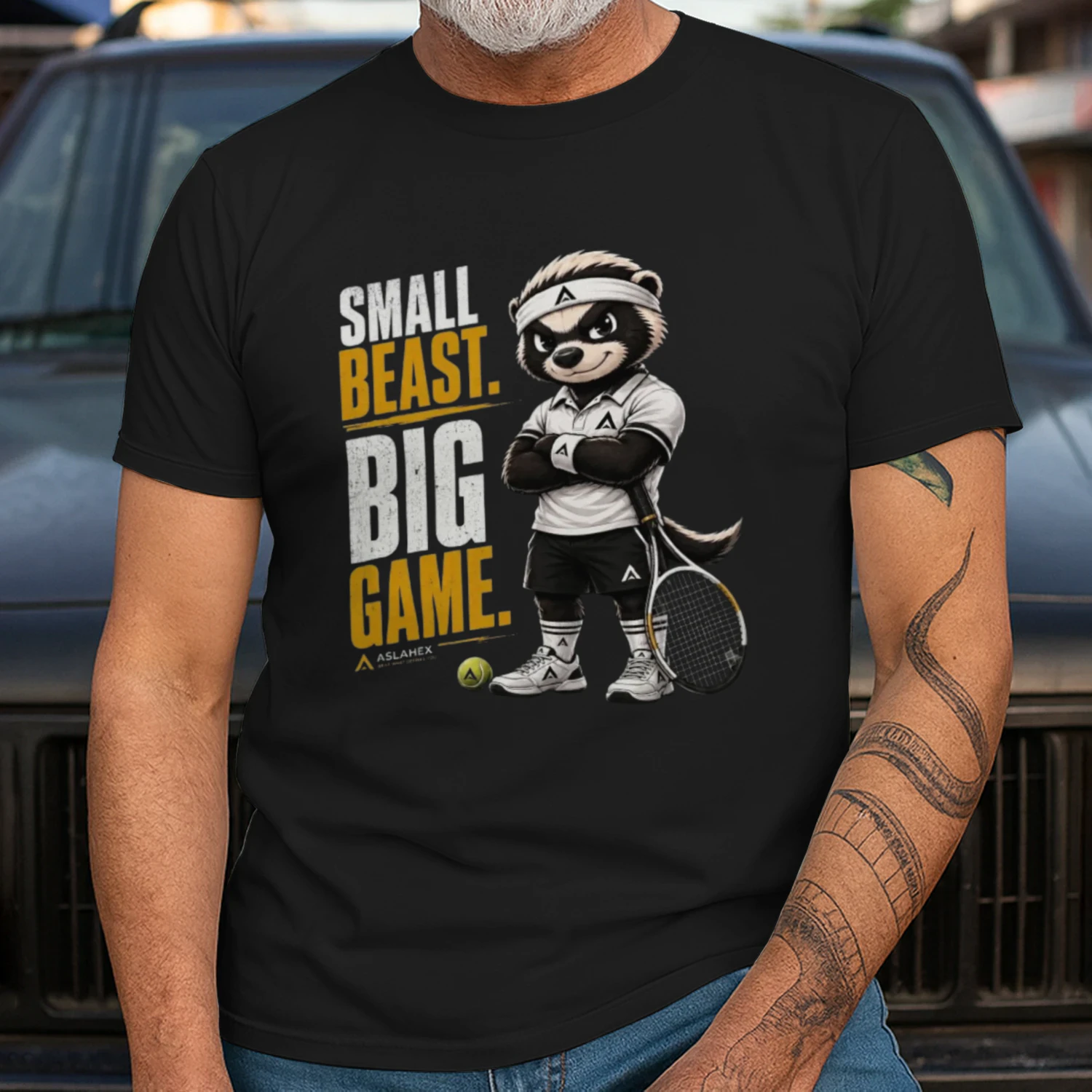 BADGY™ Small Beast. Big Game. Tennis T-Shirt