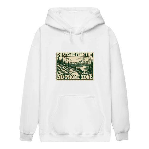 No-Phone Zone Hoodie | Retro Hiking Postcard Graphic | 16BLKS Apparel
