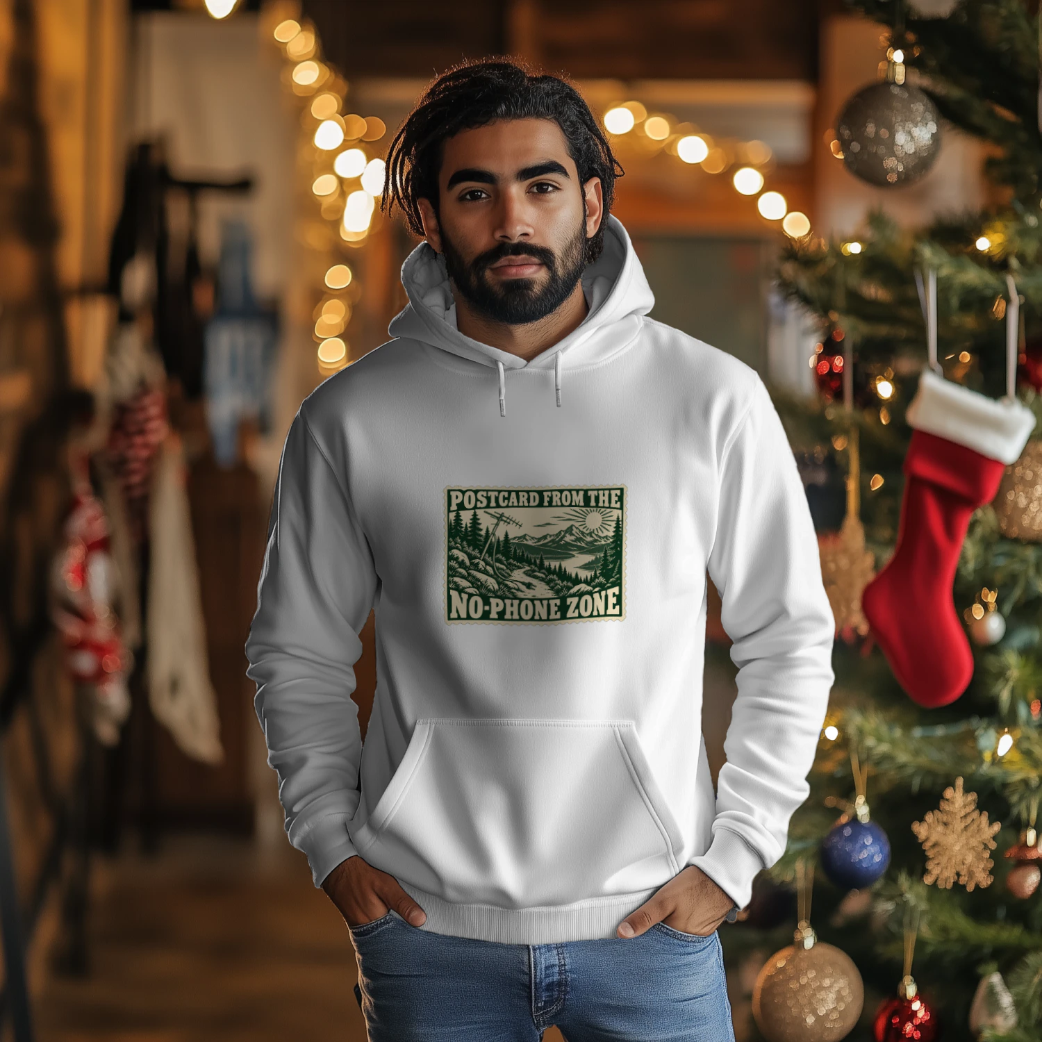 Postcard from the No-Phone Zone Hoodie – Retro Mountain Hiking Graphic