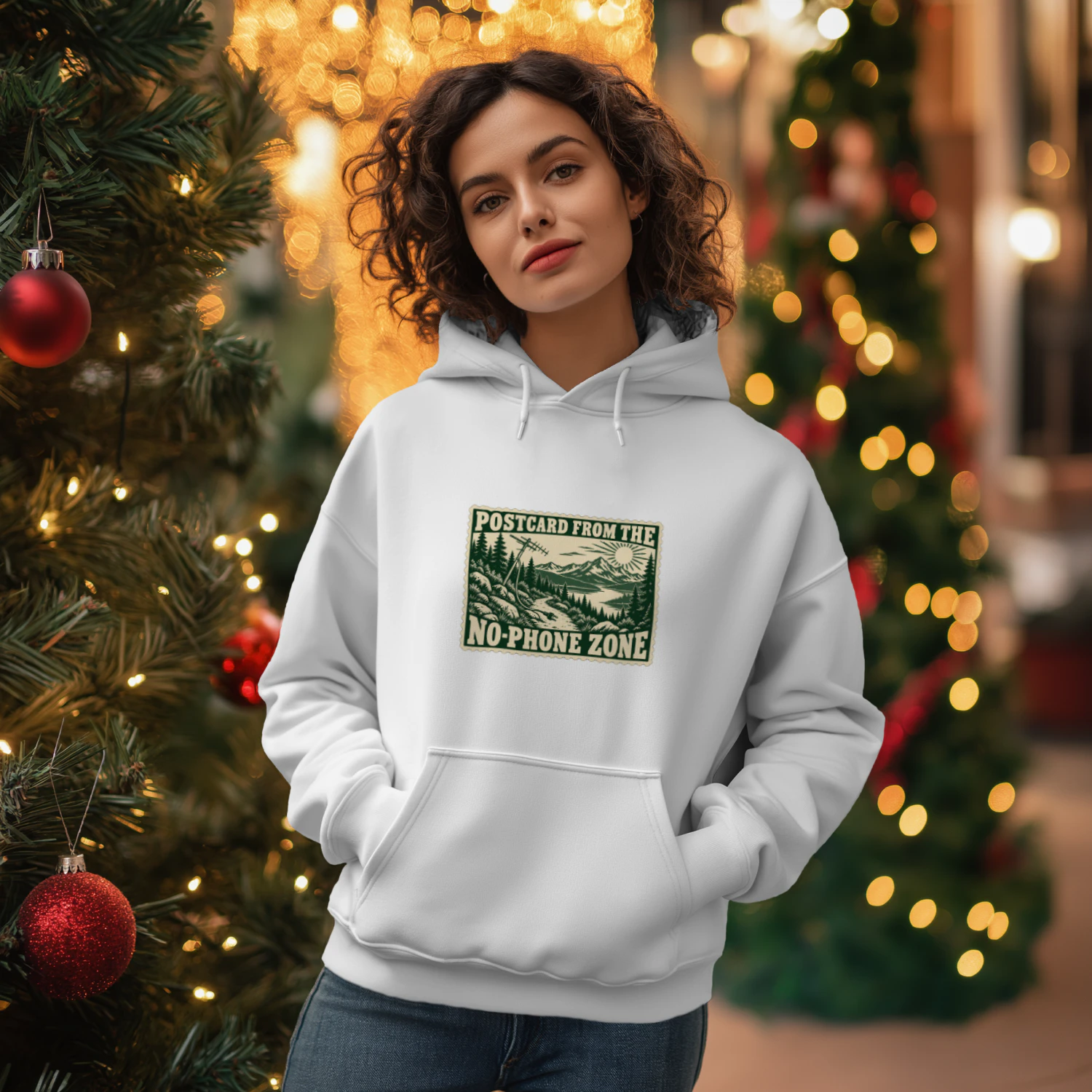 Postcard from the No-Phone Zone Hoodie – Retro Mountain Hiking Graphic