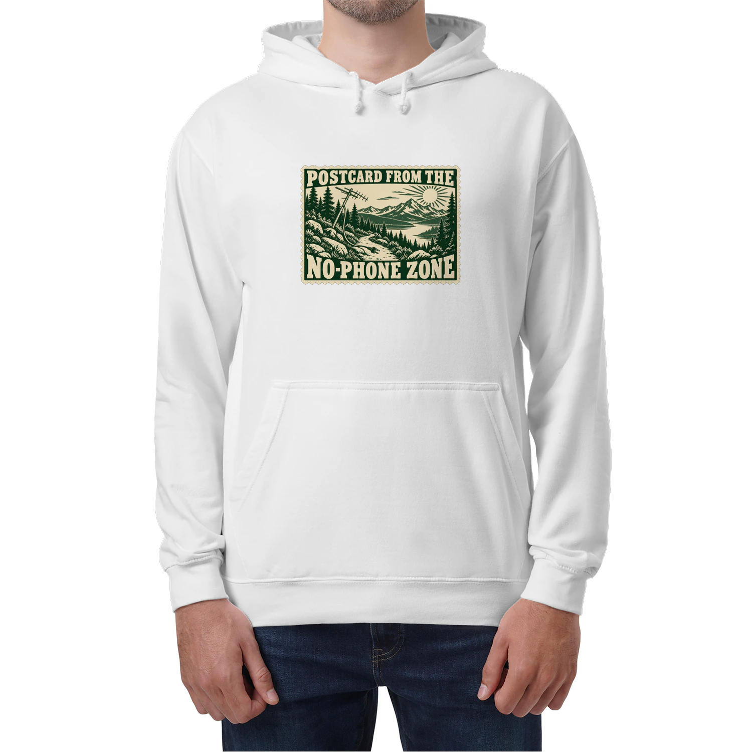 Postcard from the No-Phone Zone Hoodie – Retro Mountain Hiking Graphic