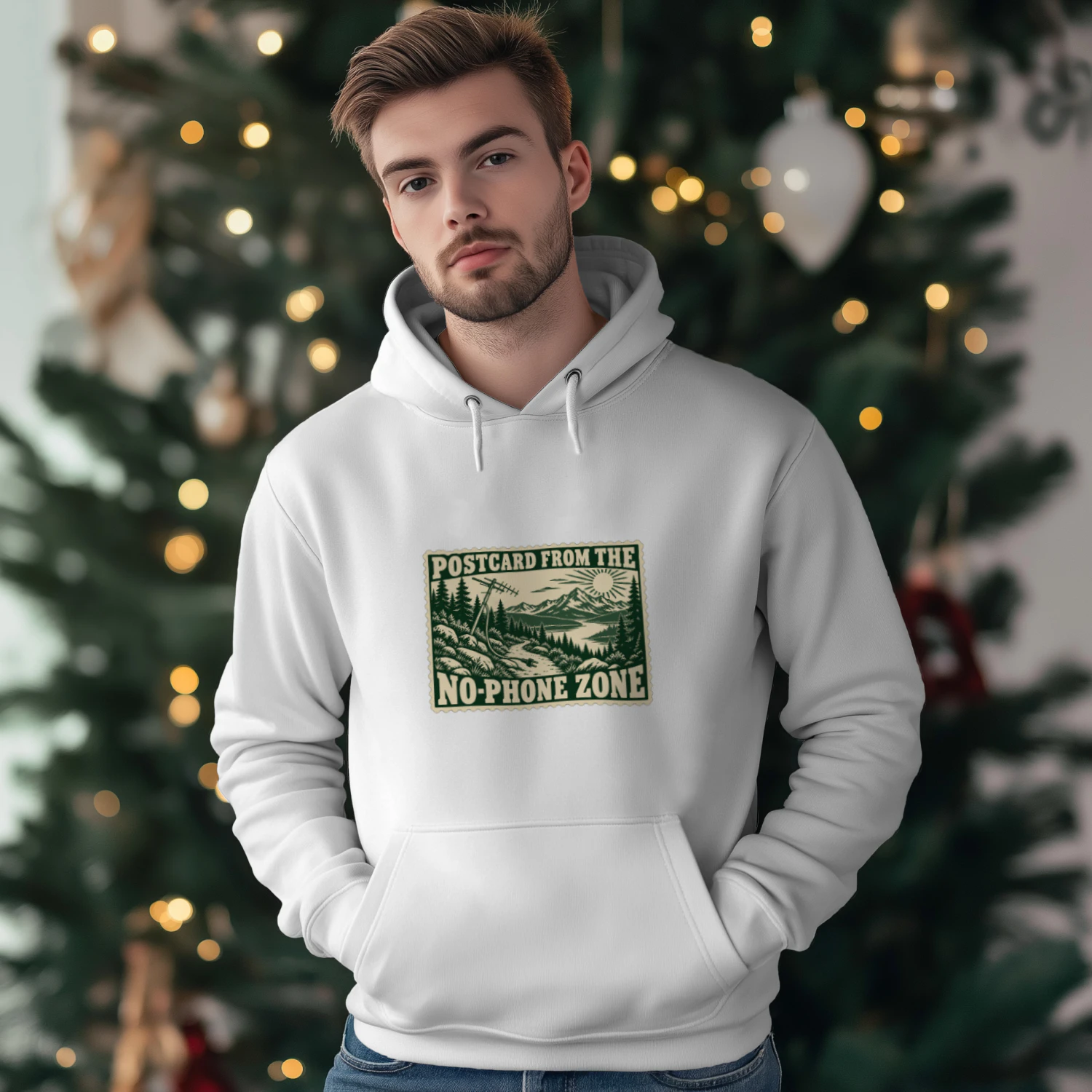 Postcard from the No-Phone Zone Hoodie – Retro Mountain Hiking Graphic