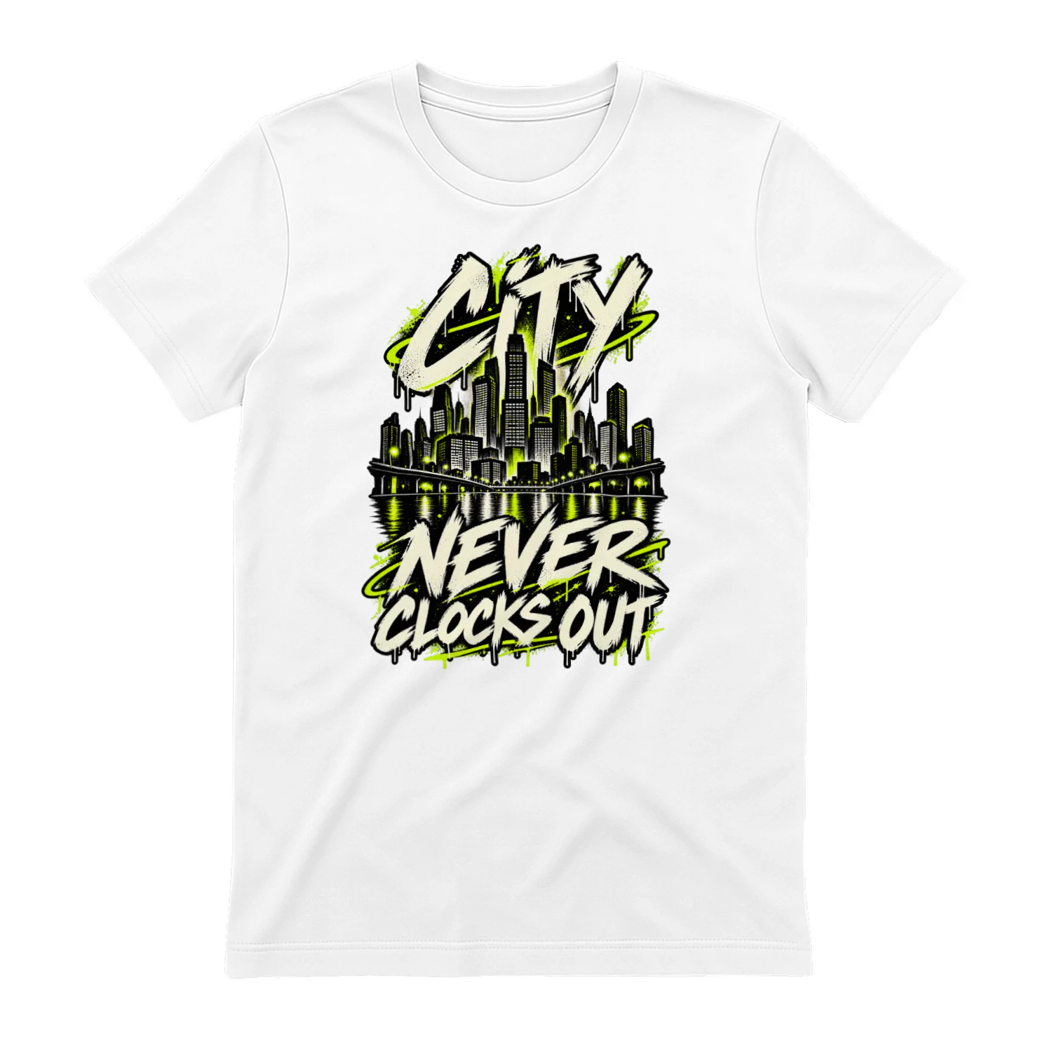 City Never Clocks Out Graphic T-Shirt | Urban Skyline Streetwear Tee