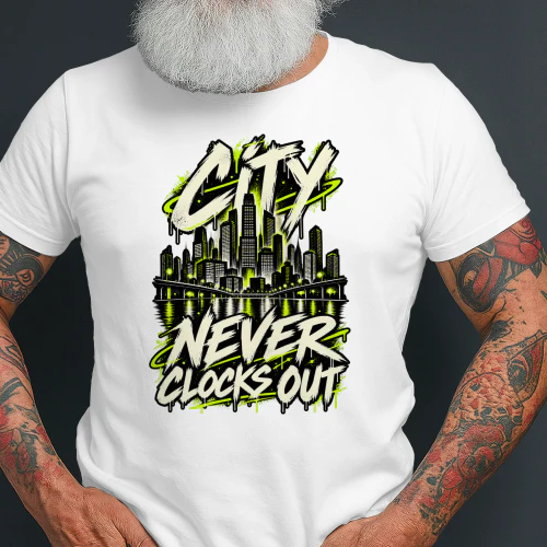 City Never Clocks Out Graphic T-Shirt | Urban Night Skyline Streetwear