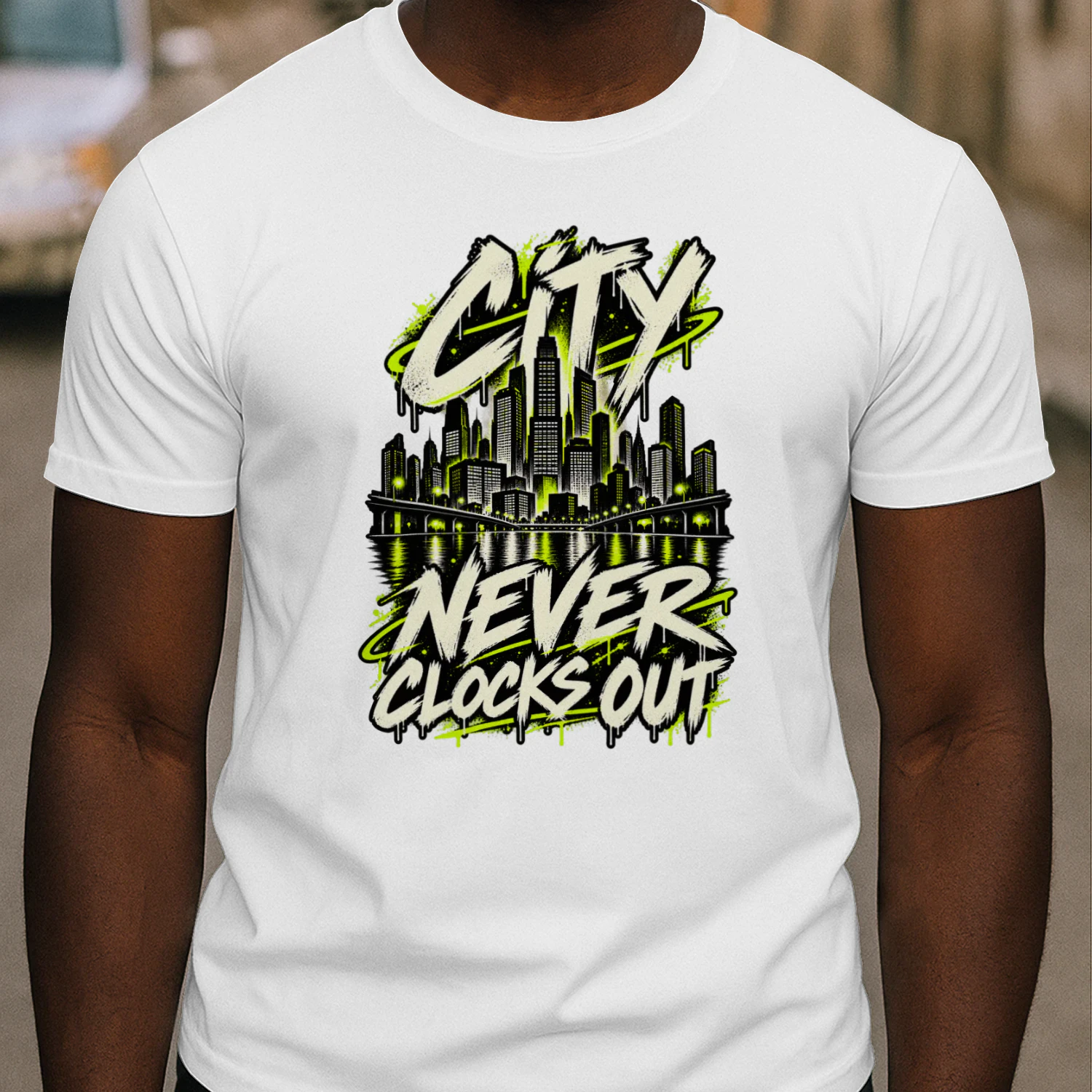 City Never Clocks Out Graphic T-Shirt | Urban Skyline Streetwear Tee