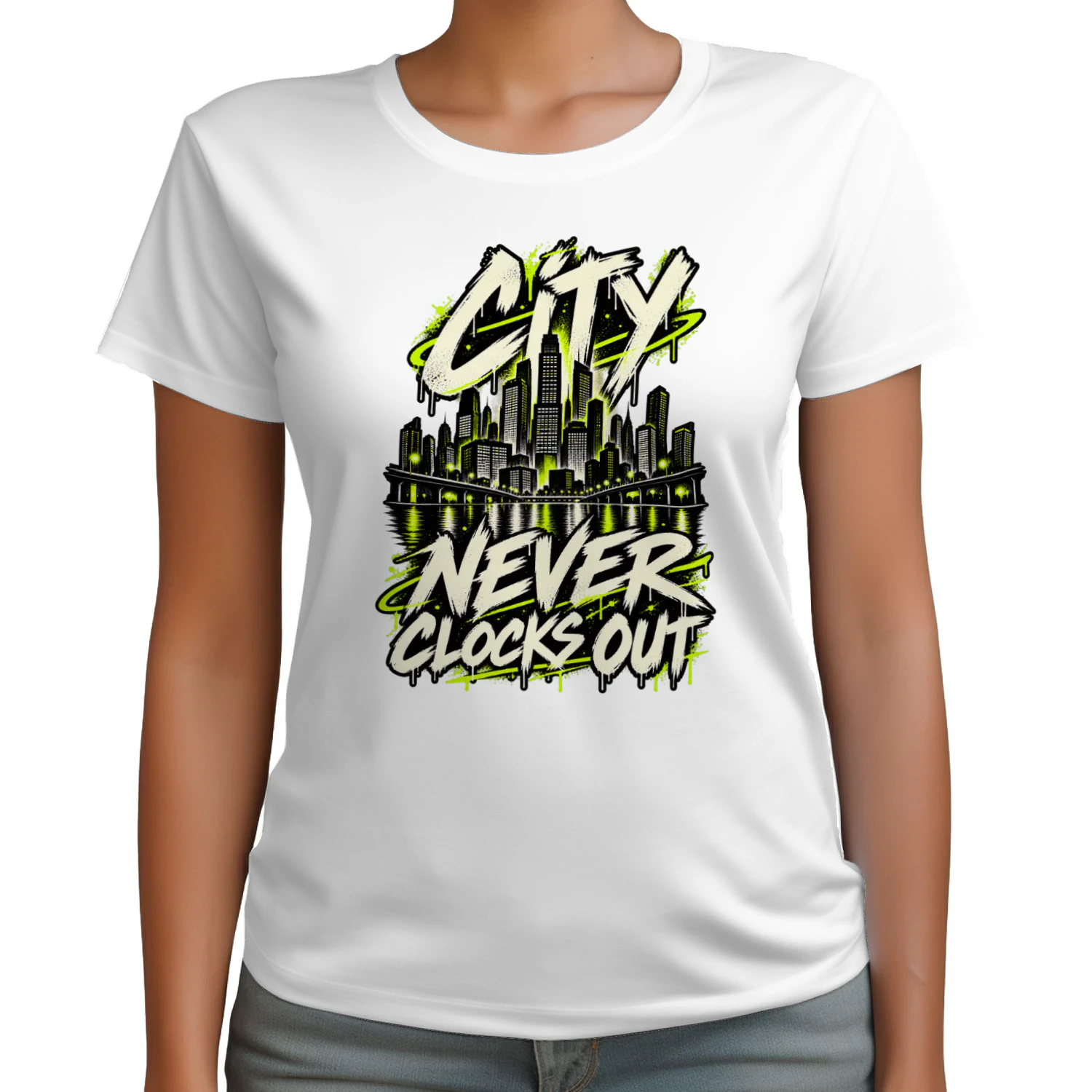 City Never Clocks Out Graphic T-Shirt | Urban Skyline Streetwear Tee