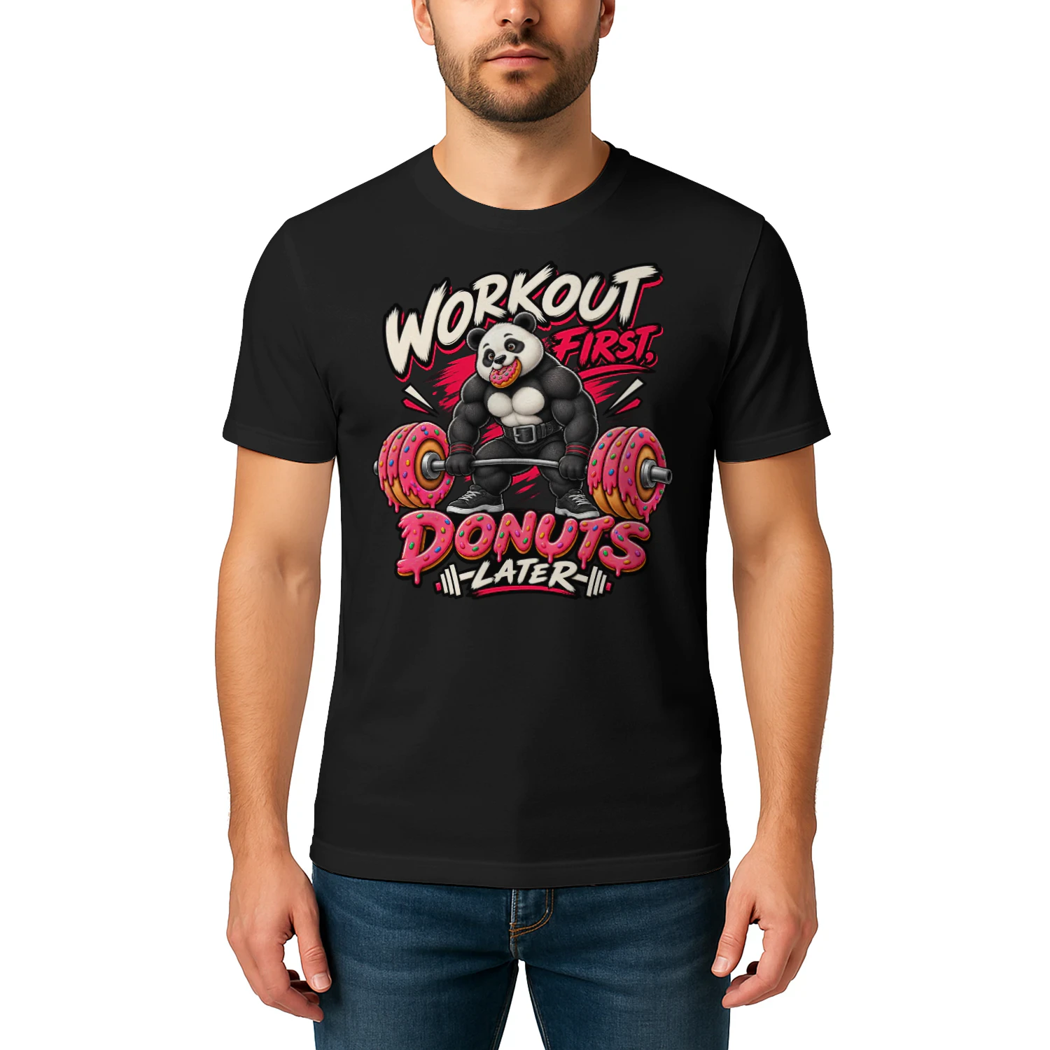 Workout First, Donuts Later – Funny Panda Gym T-Shirt
