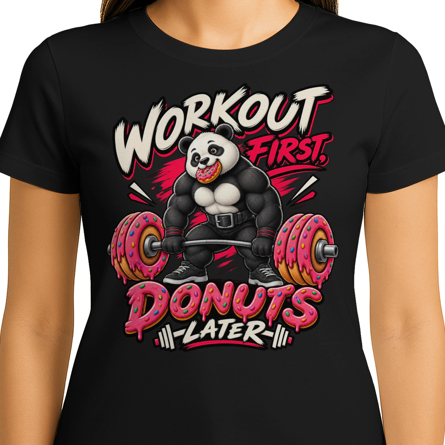 Workout First, Donuts Later – Funny Panda Gym T-Shirt