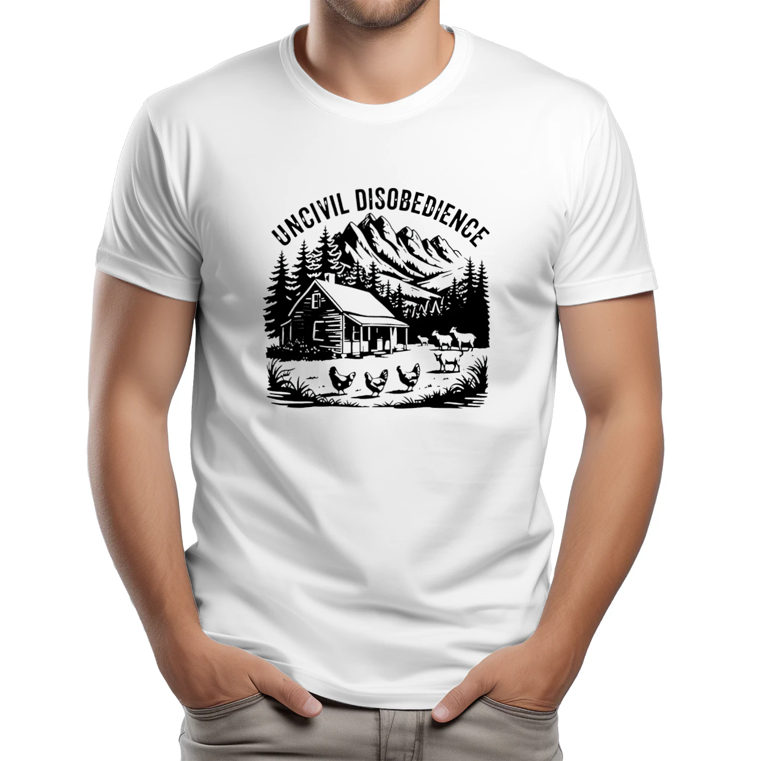 Uncivil Disobedience Mountain Cabin With Goats And Chickens T-shirt  Homestead Farm Life Design