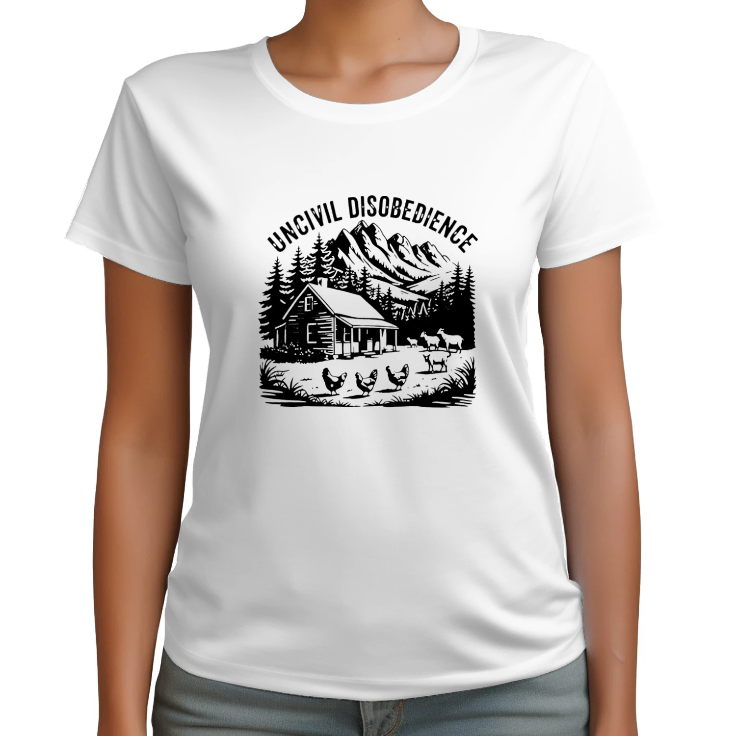 Uncivil Disobedience Mountain Cabin With Goats And Chickens T-shirt  Homestead Farm Life Design