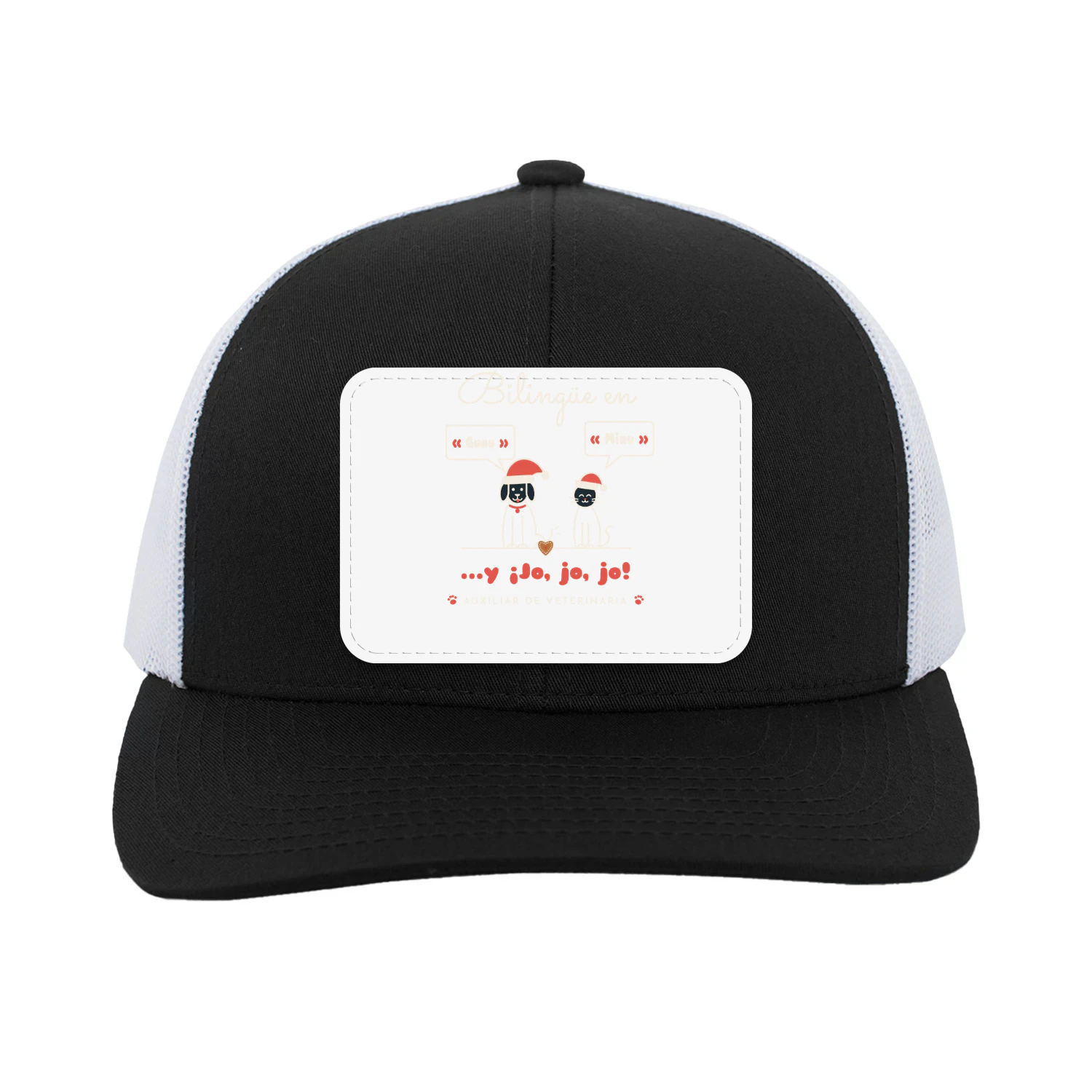 Gorra Trucker con Parche Bilingüe en Guau y Miau – Regalo para auxiliar de veterinaria