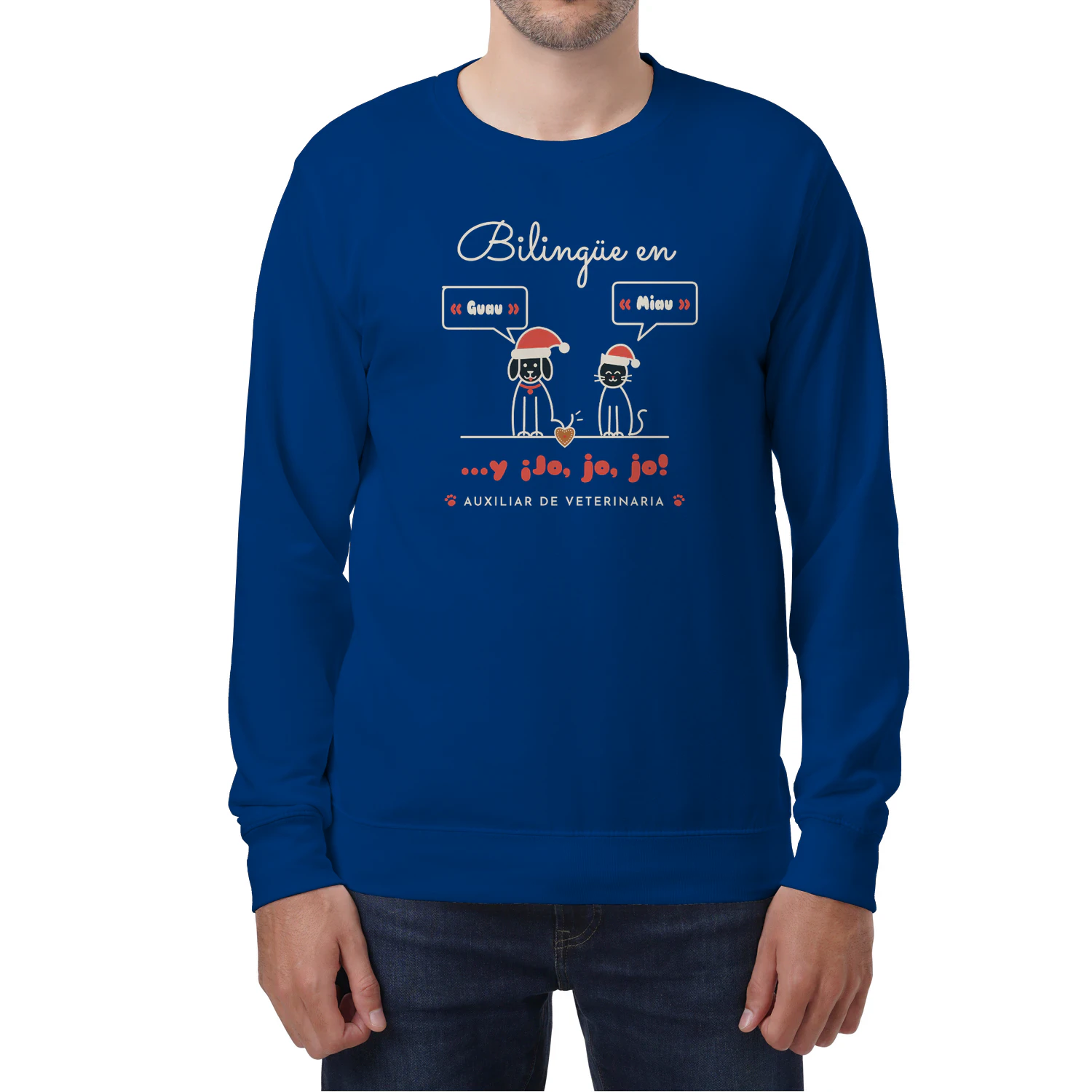 Sudadera Cuello Redondo Bilingüe en Guau y Miau – Regalo para auxiliar de veterinaria