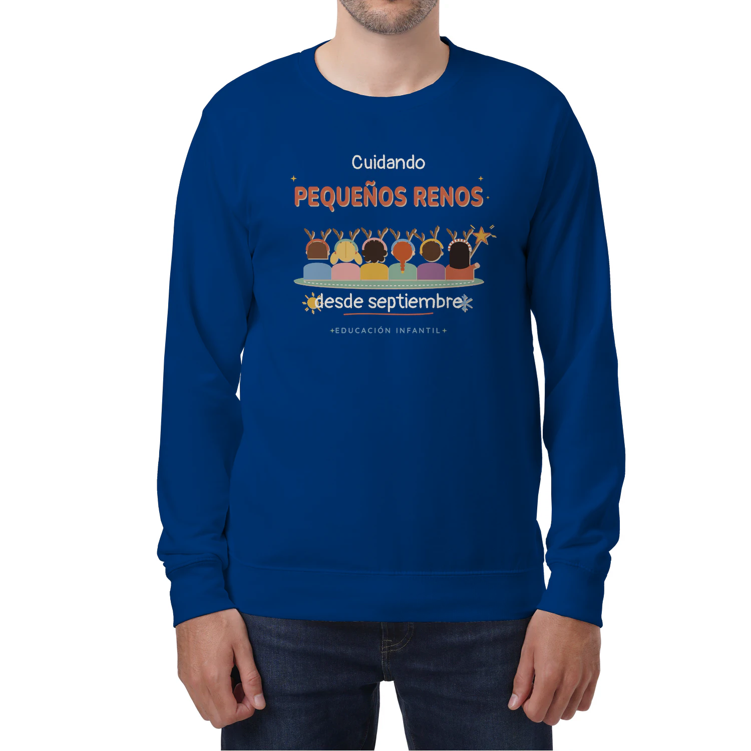 Sudadera Cuello Redondo Cuidando pequeños renos – Regalo para maestras de Infantil