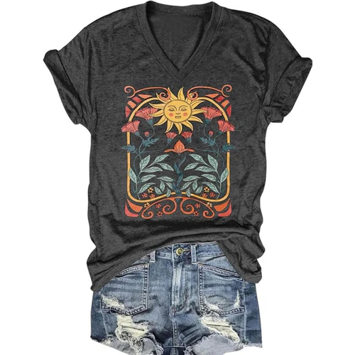 Retro Celestial Sun & Floral V-Neck Tee