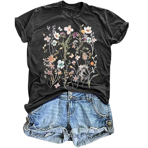 Women's Vintage Floral T Shirt Boho Wildflower Graphic 