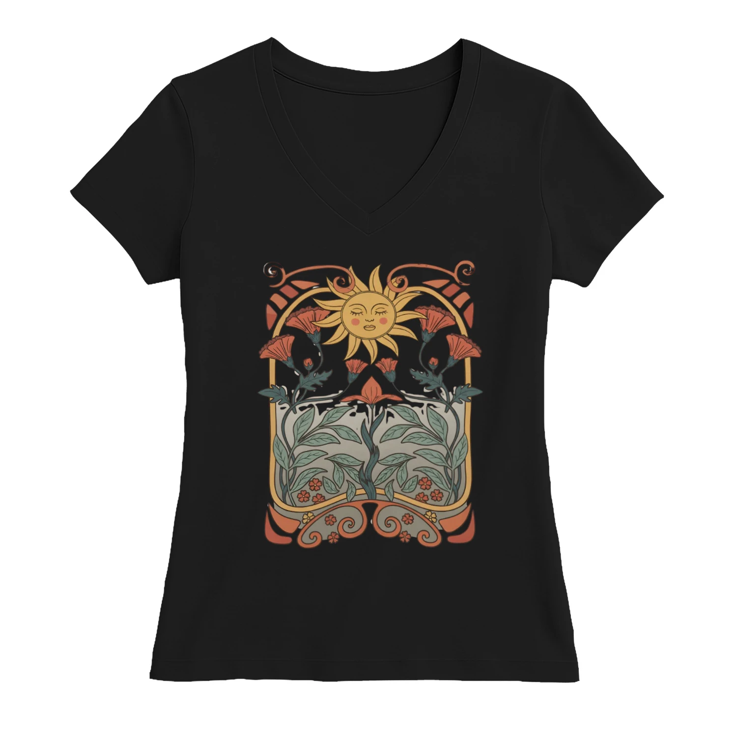 Retro Celestial Sun & Floral V-Neck Tee