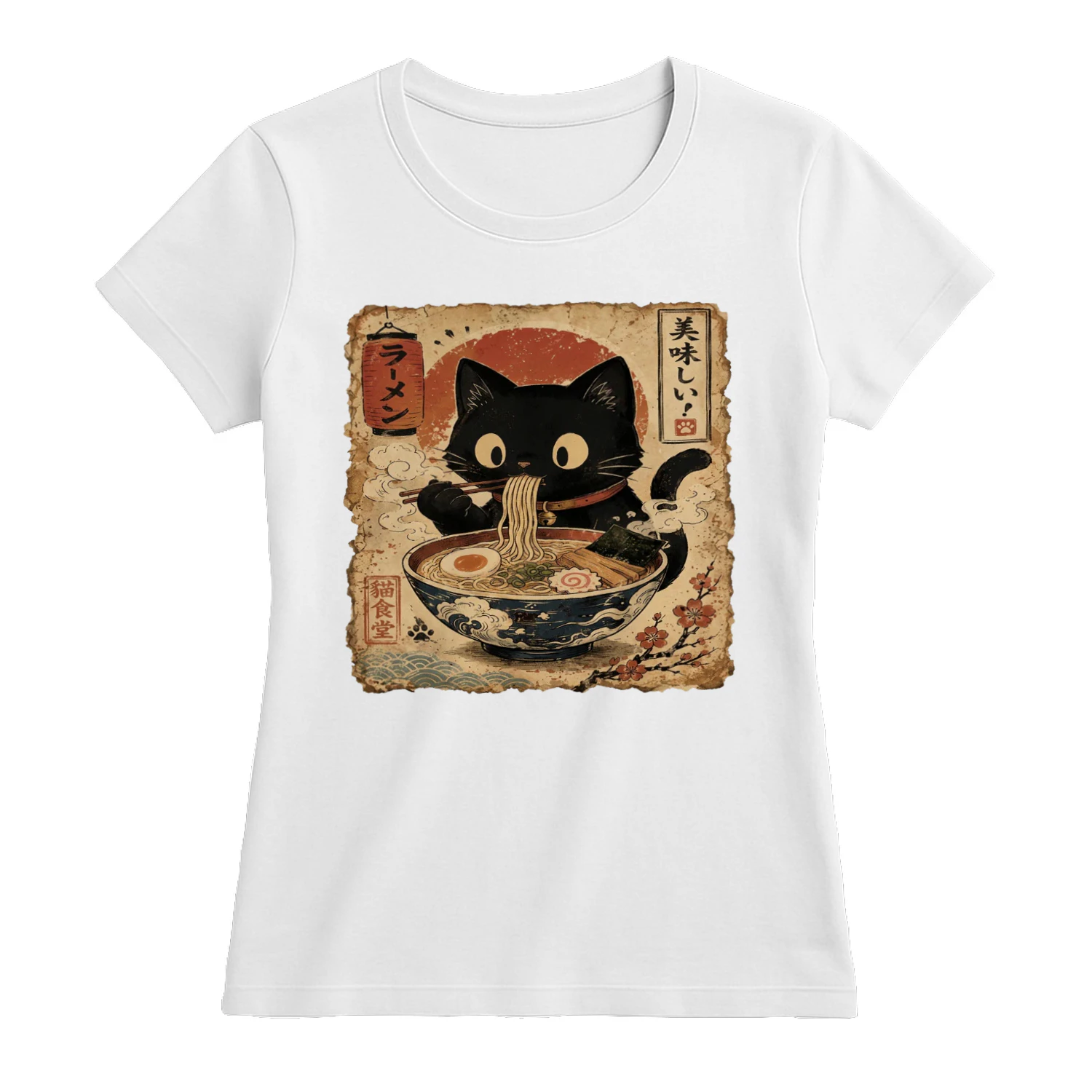 Gato Negro comiendo Ramen Style Ukiyo-e