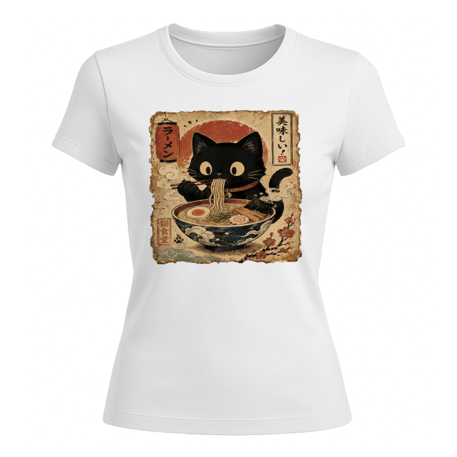 Gato Negro comiendo Ramen Style Ukiyo-e