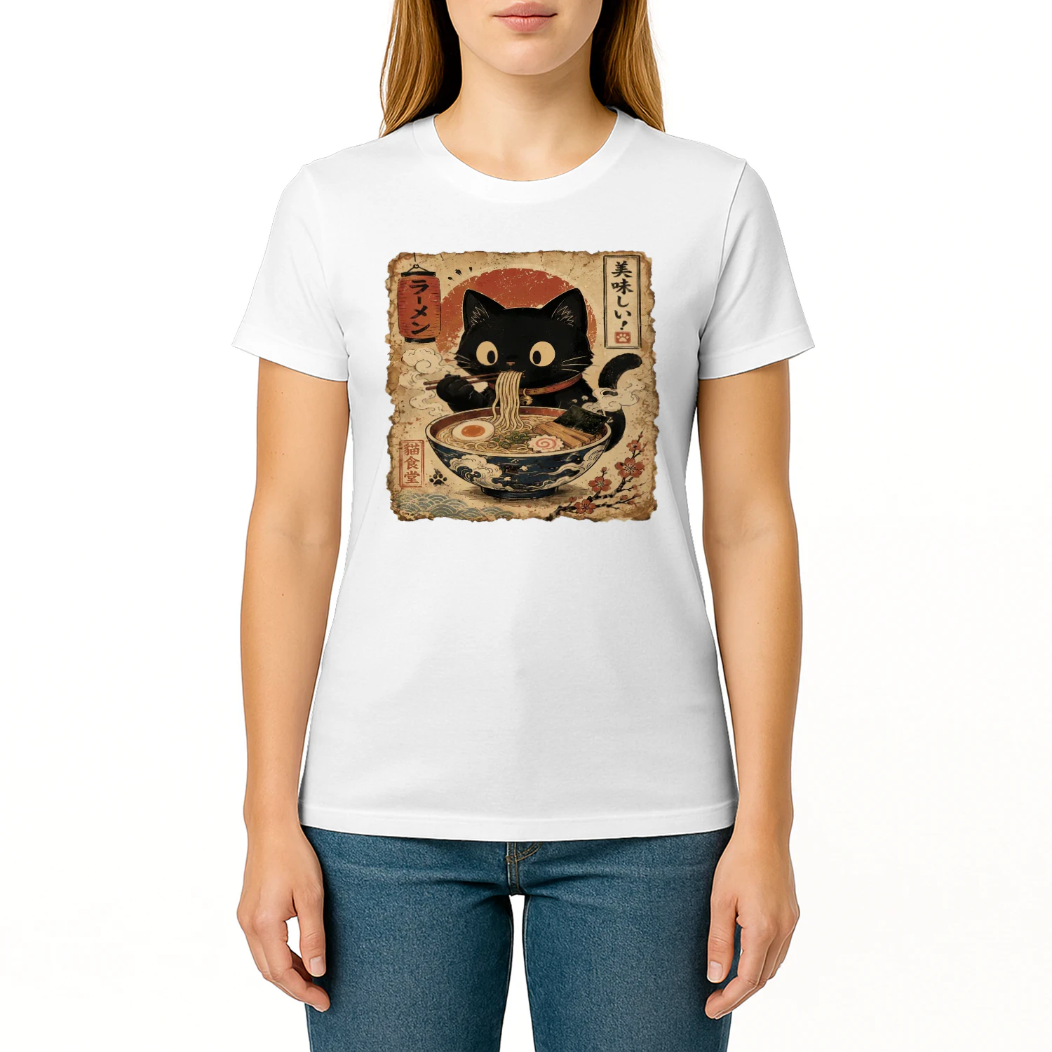 Gato Negro comiendo Ramen Style Ukiyo-e