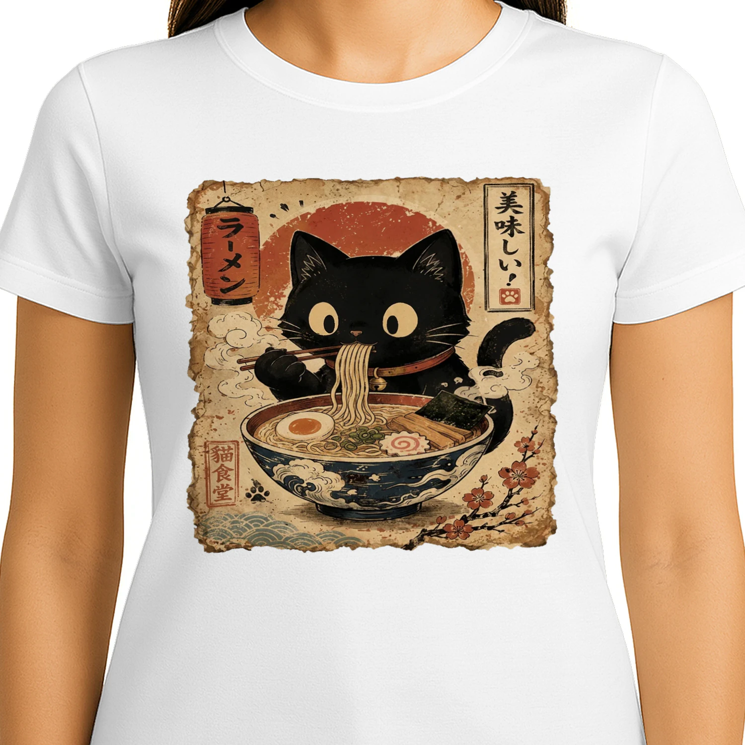 Gato Negro comiendo Ramen Style Ukiyo-e