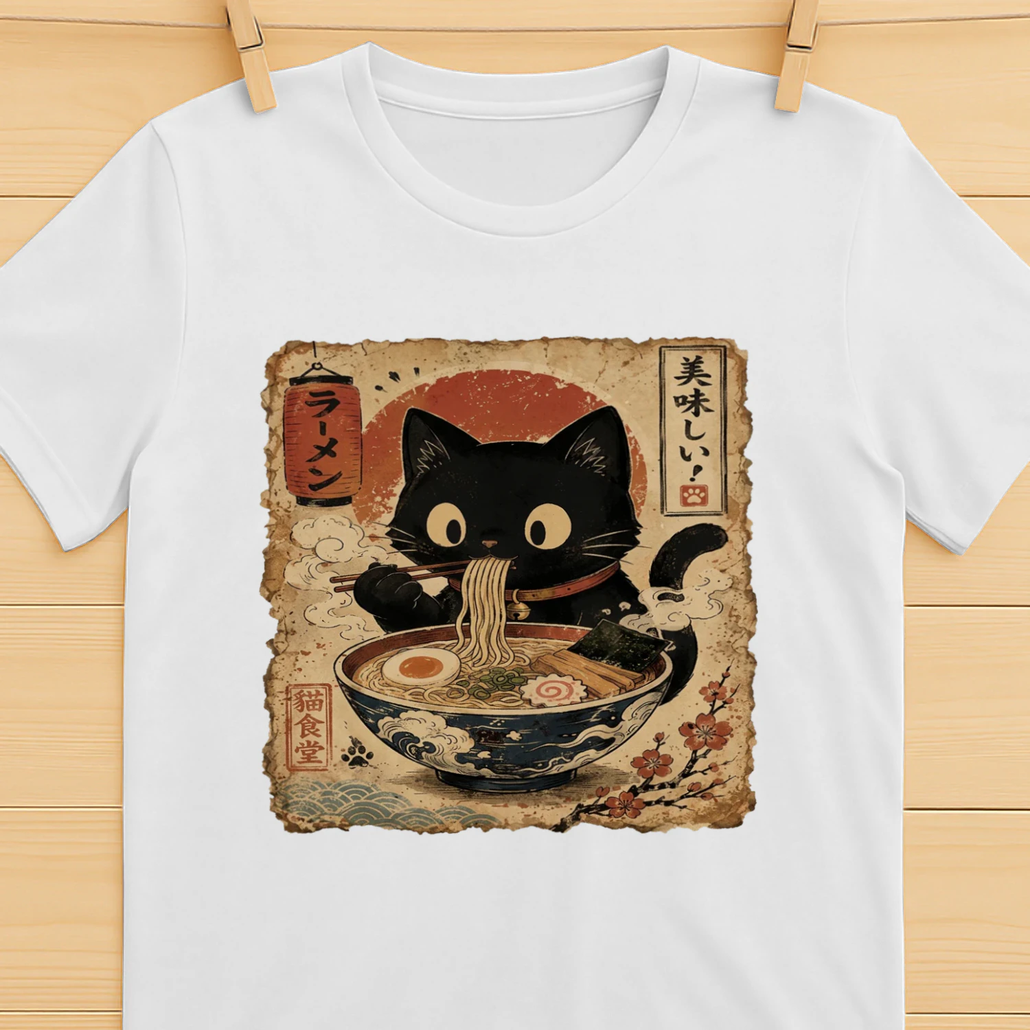 Gato Negro comiendo Ramen Style Ukiyo-e