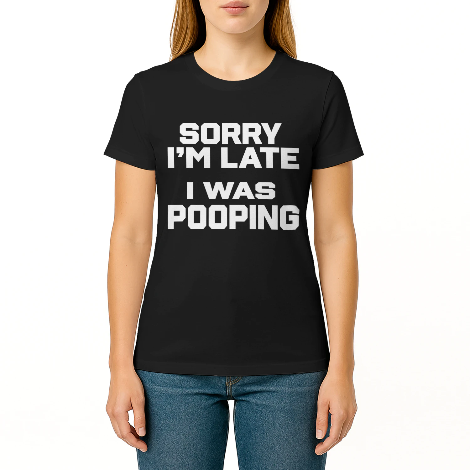 Sorry I'm Late I Was Pooping Outline White Typography Funny Graphic T-Shirt