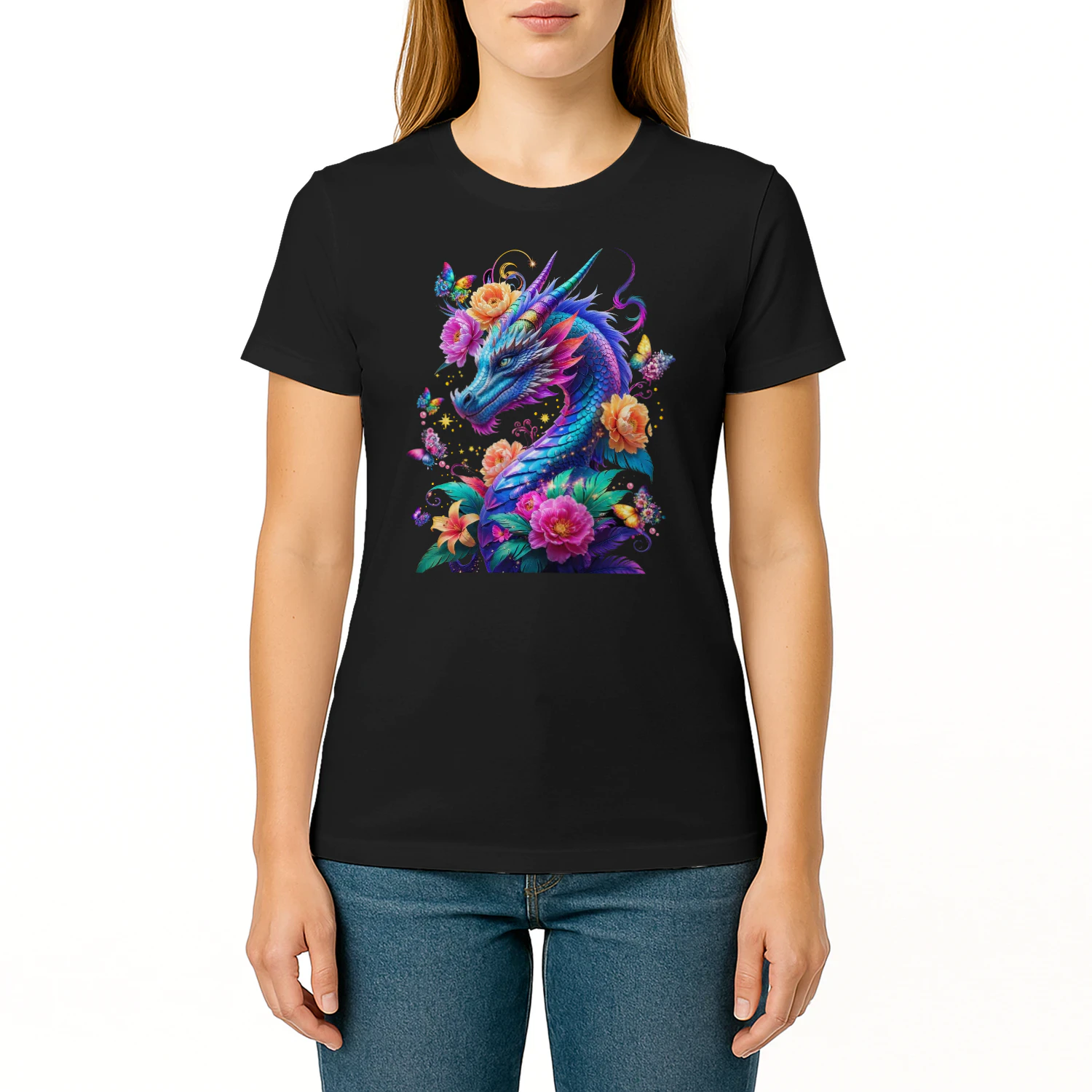 Hoodie - Floral Dragon Fantasy – Colorful Dragon with Flowers & Butterflies