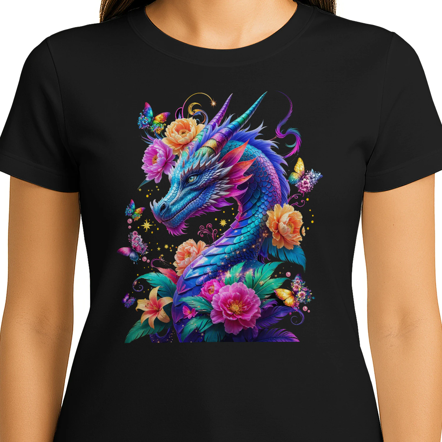 Hoodie - Floral Dragon Fantasy – Colorful Dragon with Flowers & Butterflies