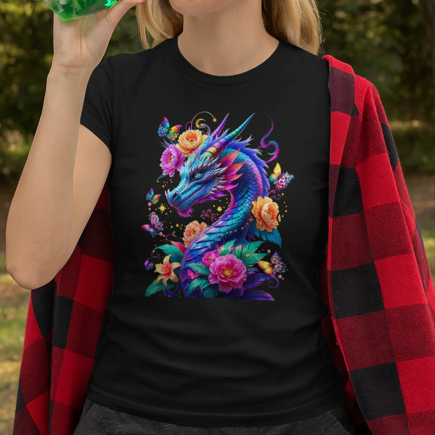 Hoodie - Floral Dragon Fantasy – Colorful Dragon with Flowers & Butterflies