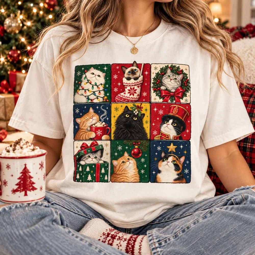Vintage Christmas Cats T-Shirt – Cute Holiday Cat Lover Tee