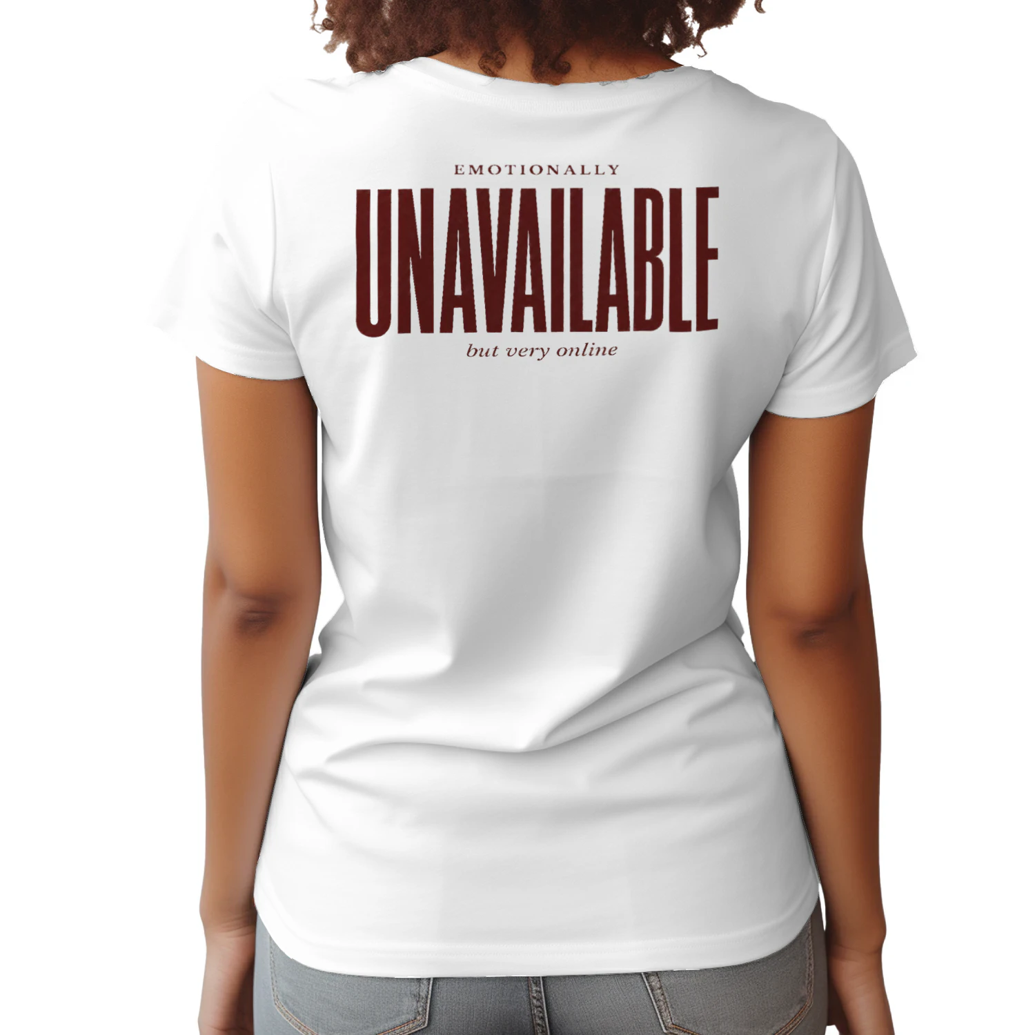 "Emotionally Unavailable But Very Online" Unisex White Graphic Tee – Trendy Aesthetic Streetwear