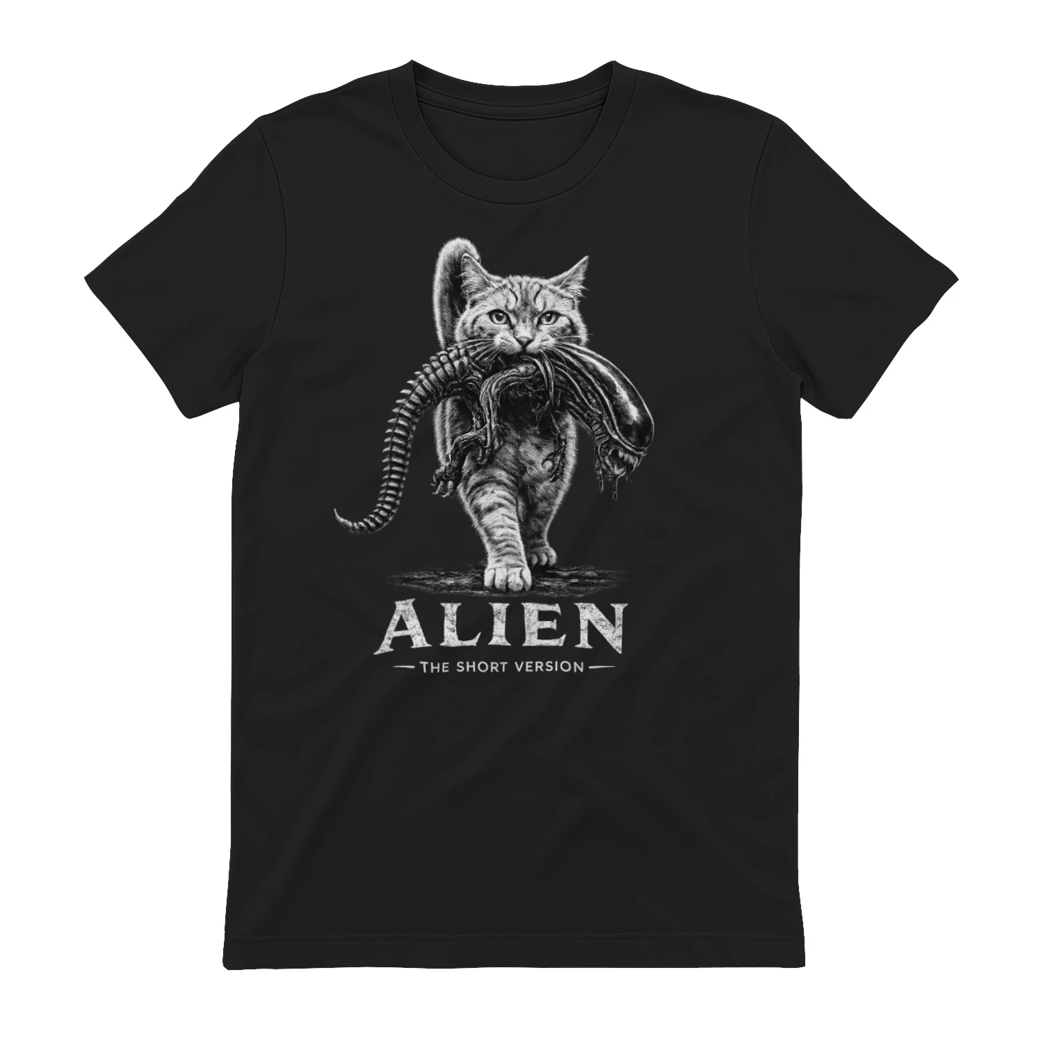 Alien The Short Version Cat T-shirt – Sci-Fi Horror Parody Graphic Tee
