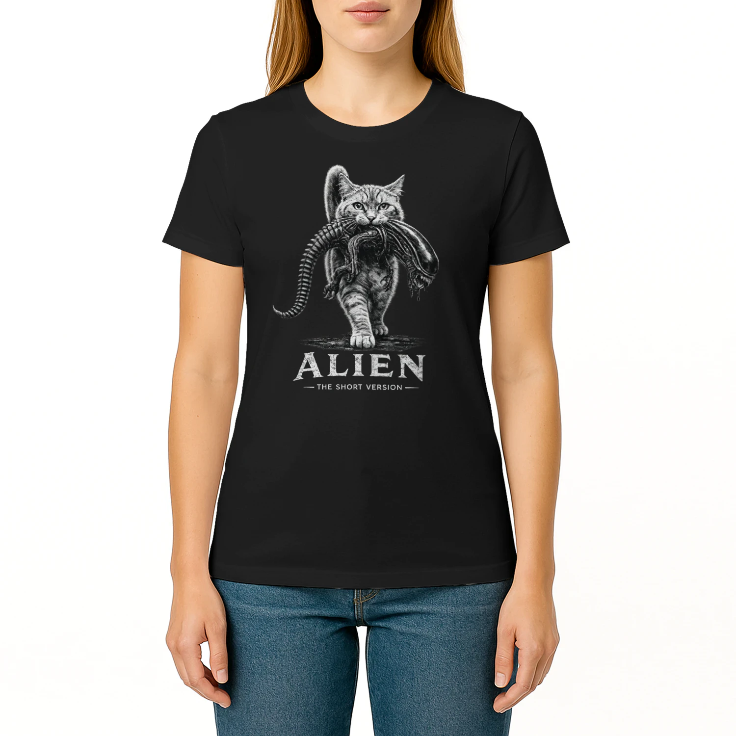 Alien The Short Version Cat T-shirt – Sci-Fi Horror Parody Graphic Tee