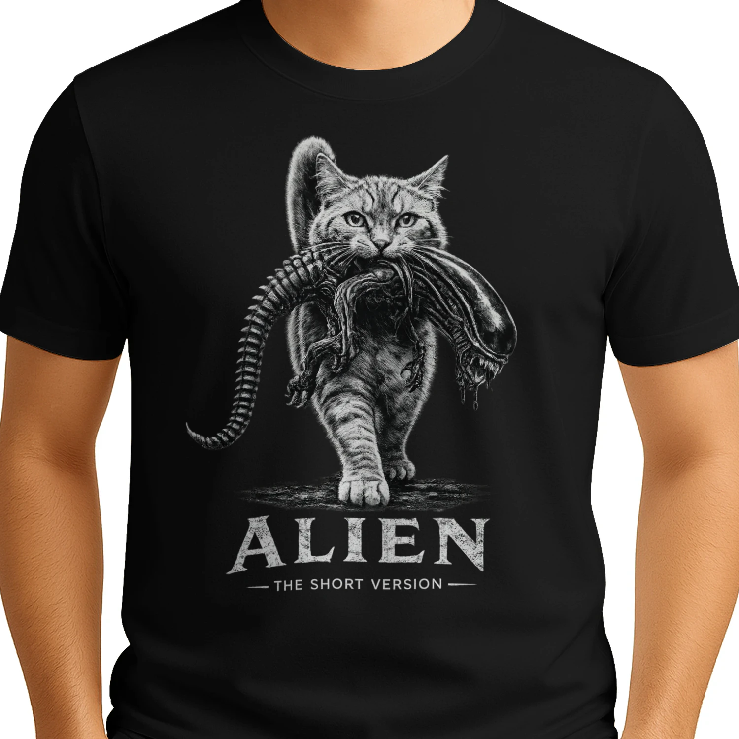Alien The Short Version Cat T-shirt – Sci-Fi Horror Parody Graphic Tee