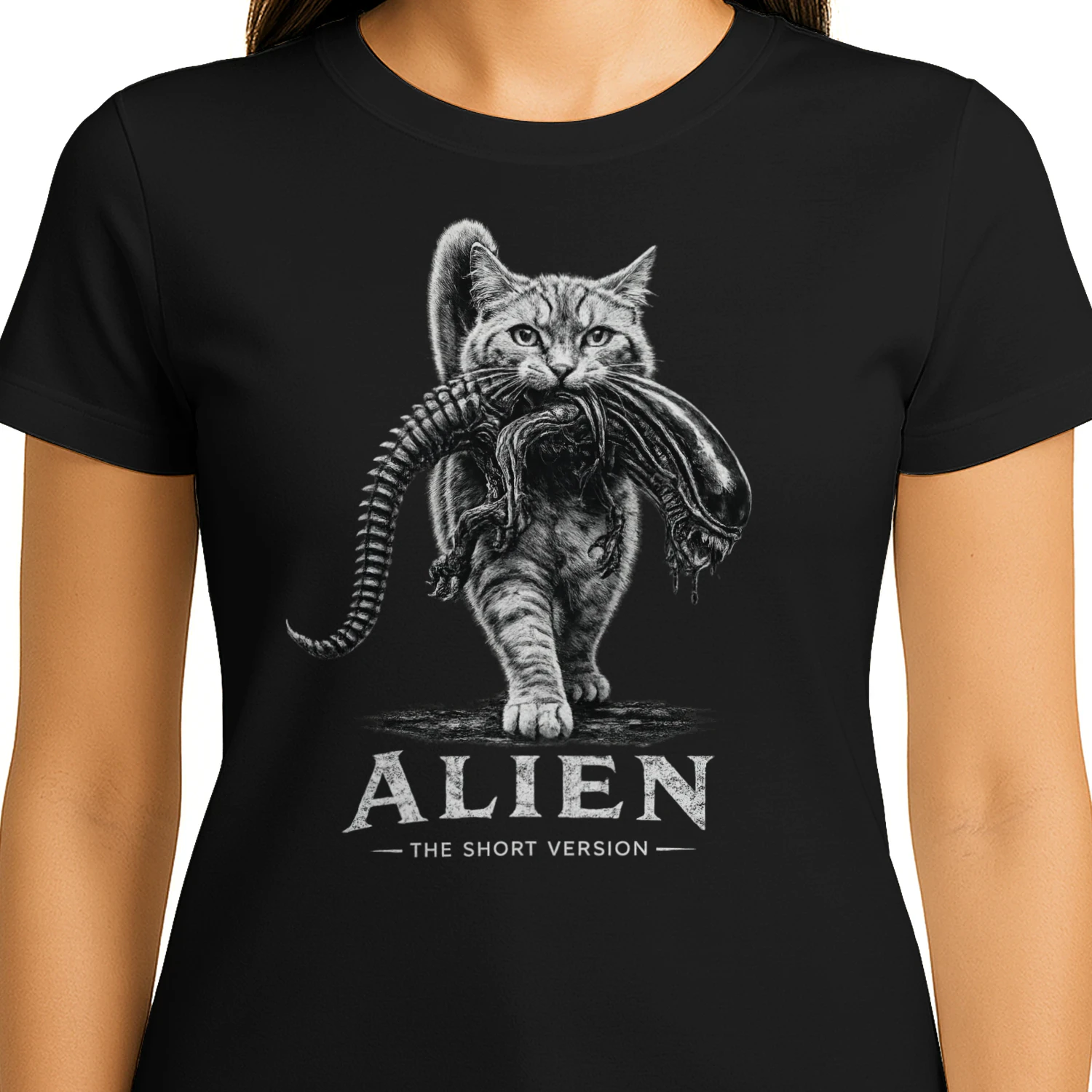 Alien The Short Version Cat T-shirt – Sci-Fi Horror Parody Graphic Tee