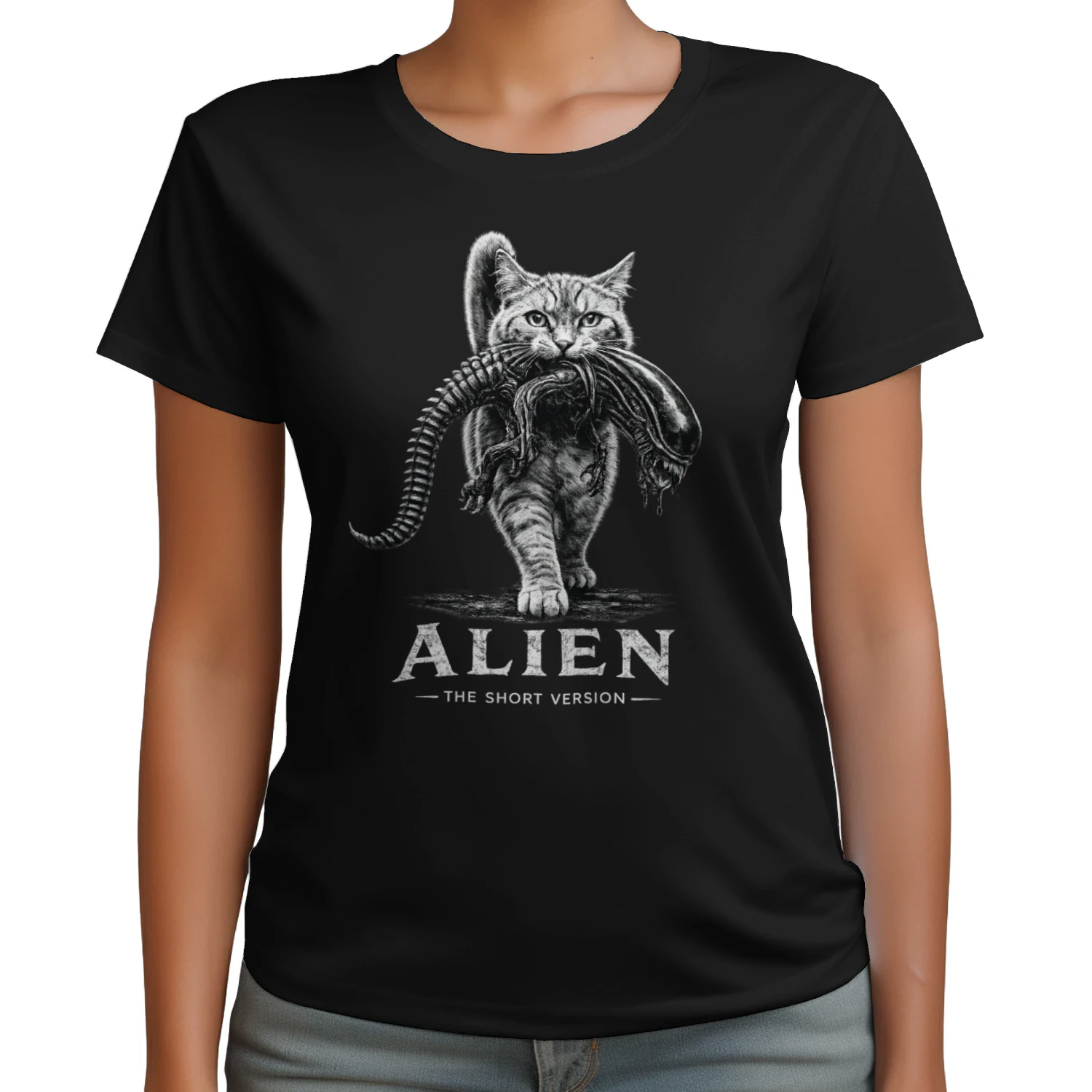 Alien The Short Version Cat T-shirt – Sci-Fi Horror Parody Graphic Tee