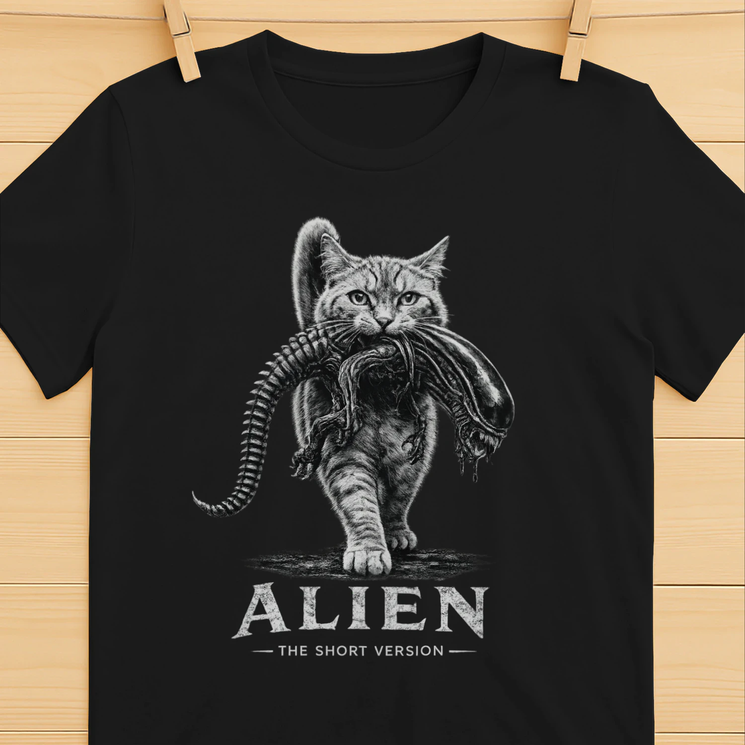 Alien The Short Version Cat T-shirt – Sci-Fi Horror Parody Graphic Tee