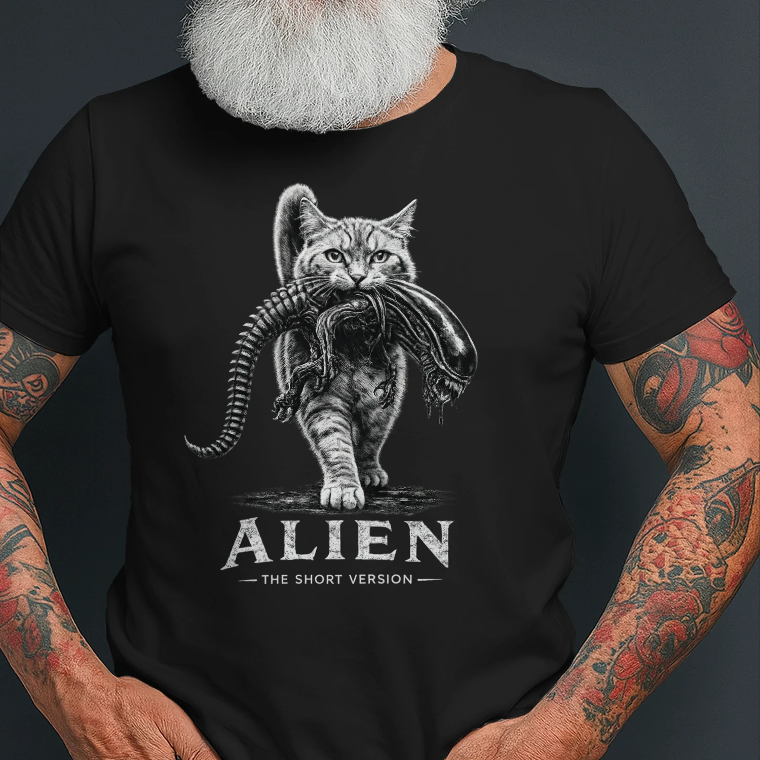Alien The Short Version Cat T-shirt – Sci-Fi Horror Parody Graphic Tee